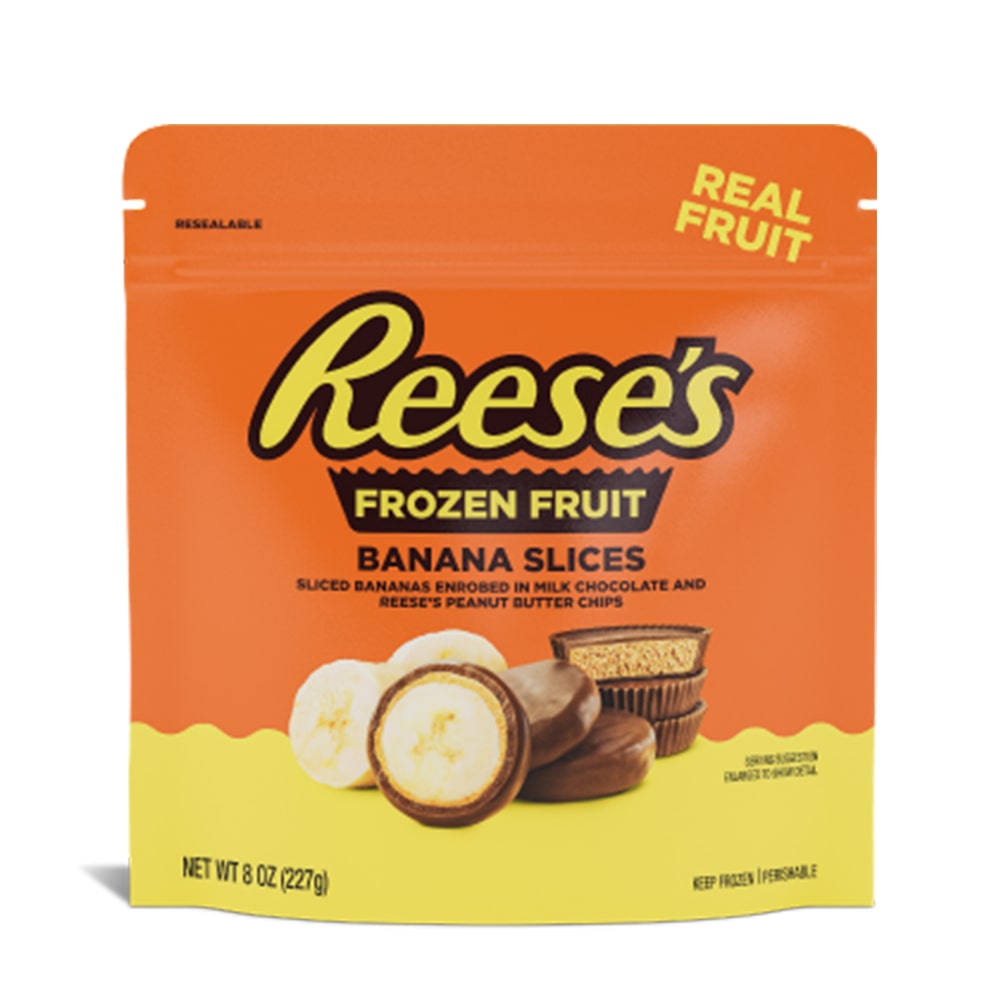bag of reeses frozen fruit peanut butter milk chocolate banana slices
