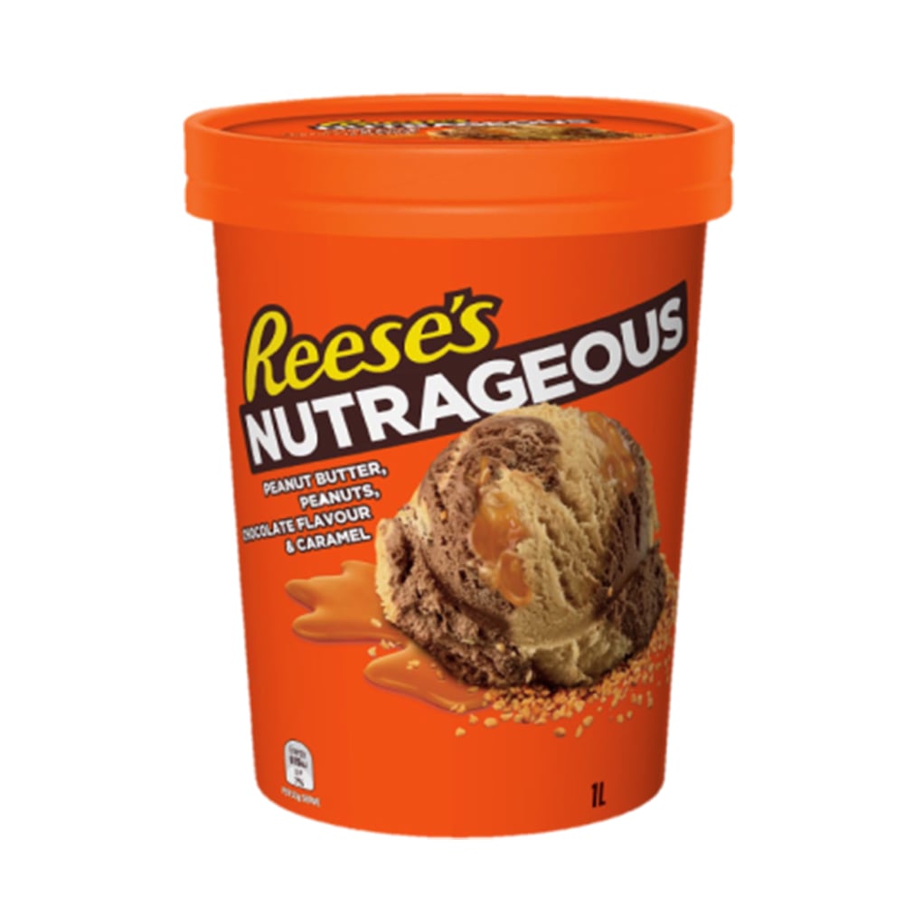 pint of reeses nutrageous peanut butter, caramel, and chcocolate flavored ice cream