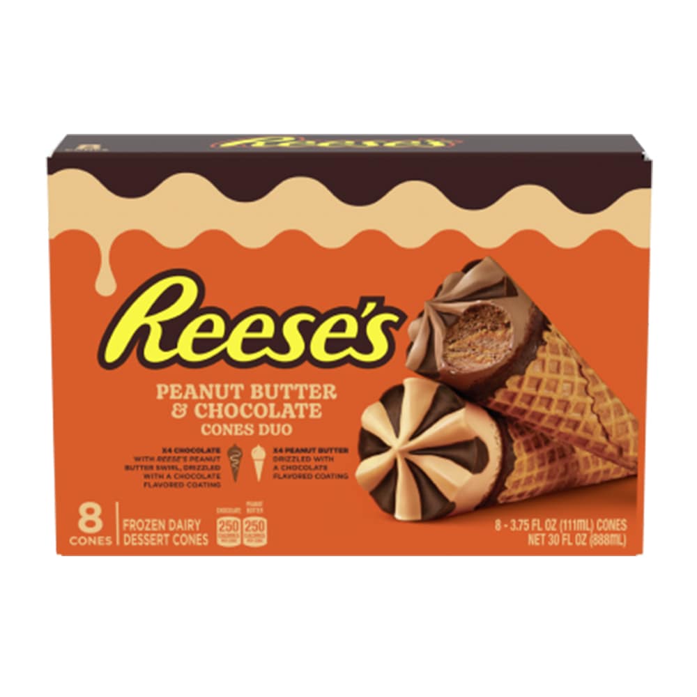 box of reeses peanut butter and chocolate frozen dairy dessert cones